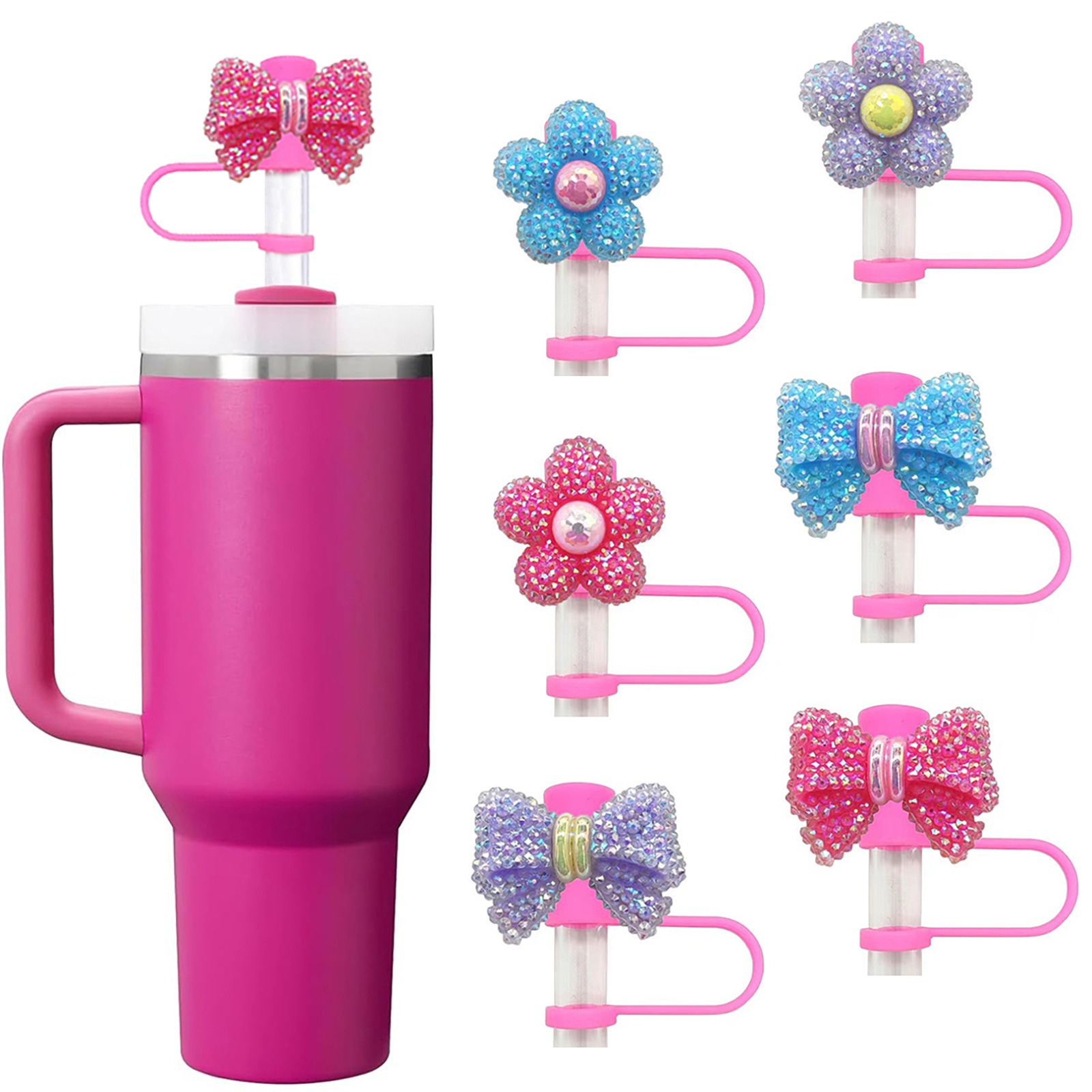 Bean Hopper Lid - ดอกไม้น่ารักโบว์ฟางครอบคลุมความเข้ากันได้ Stanley Tumbler 10 มม.ถ้วยอุปกรณ์เสริม Kawaii