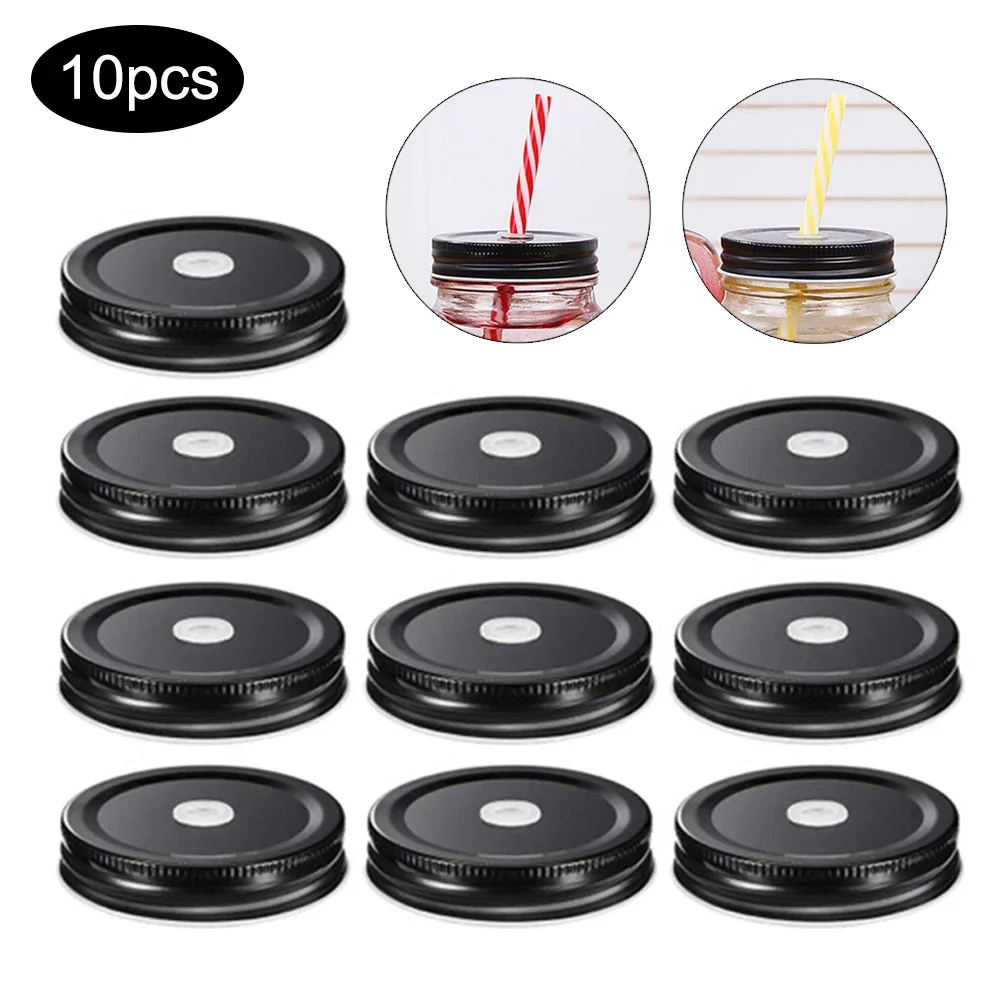 Bean Hopper Lid - ฝาขวดเมสันพร้อมรูหลอด70มม. 10ชิ้นฝาปิดขวดปิดผนึกกันรั่วใช้ซ้ำได้