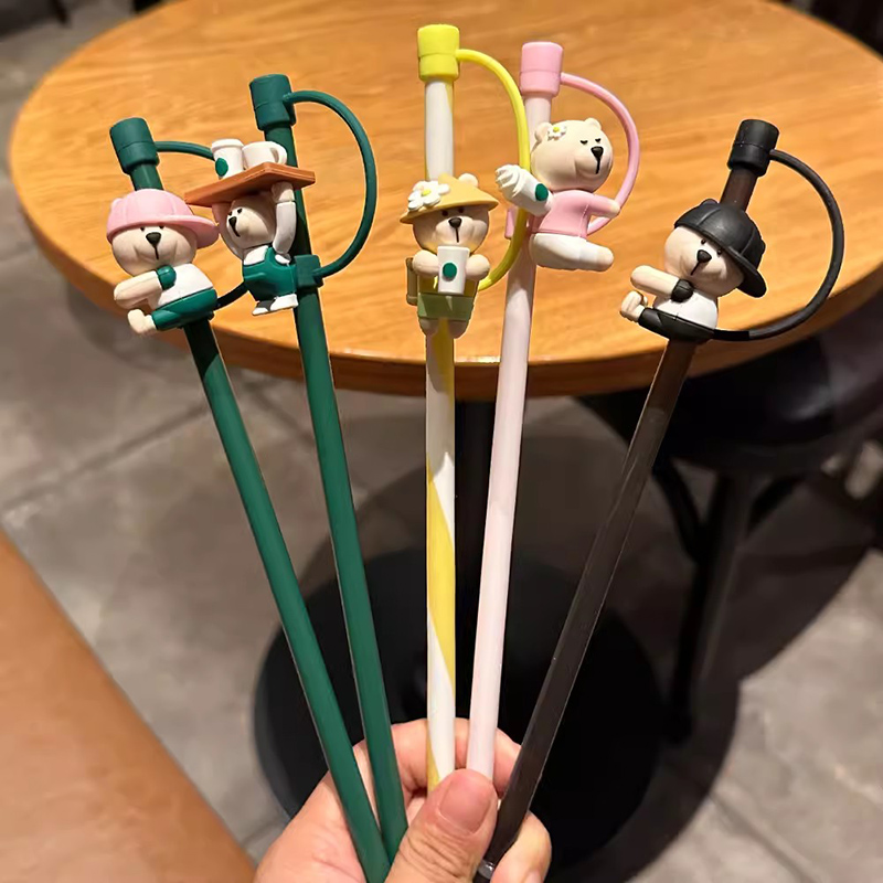 Bean Hopper Lid - น่ารักซิลิโคนฟางสําหรับ 7-8 มม.หลอดพร้อมแปรงReusable Splash Proof Straw